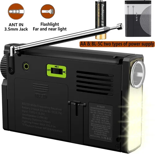 Miniatura 3 de Radio de onda corta AIR/VHF/AM/FM/SW/Transistor de bandas meteorológicas con linterna, retroiluminación de tecla, registro digital, reloj