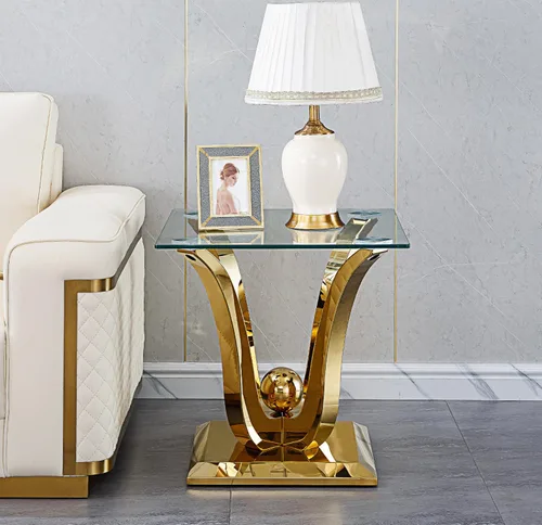 Miniatura 3 de SSLine Mesa auxiliar de cristal de lujo para sala de estar, mesa auxiliar moderna dorada con base de pedestal de acero inoxidable en forma de flor