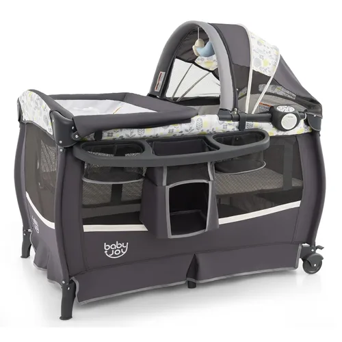 BABY JOY 4 en 1 Pack and Play, corralito portátil para bebé con moisés y mesa de cambio abatible, toldo, centro de actividades de moisés para bebés
