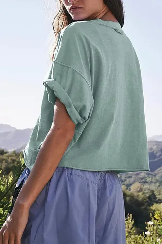 Miniatura 4 de Camisetas cortas de entrenamiento de gran tamaño para mujer, estilo casual, de manga corta, hombros caídos, con dobladillo enrollable, básicas
