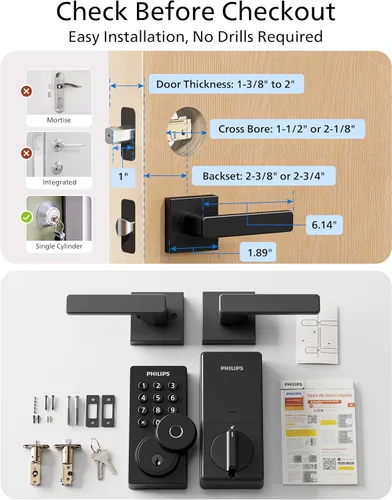 Miniatura 9 de Cerradura de puerta con teclado WiFi Philips con asa, WiFi incorporado, control remoto por APP, desbloqueo por voz y huellas dactilares, cerraduras