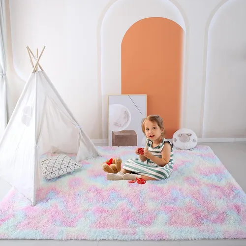 Miniatura 3 de Alfombras para dormitorio de niñas sala de estar: alfombra de área peluda de 5 x 7 para sala de juegos de niños, alfombra peluda de felpa pastel