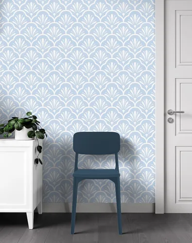 Miniatura 7 de Guvana Papel tapiz geométrico de 17.32 x 118 pulgadas, papel tapiz azul para despegar y pegar, papel de contacto de enrejado azul y blanco, papel