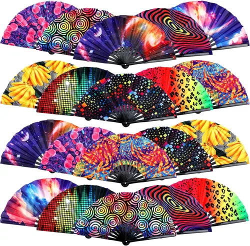 FairySandy 20 abanicos de mano plegables grandes con varillas de plástico para hombres y mujeres, arco iris chino japonés con funda de tela para