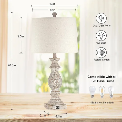Miniatura 2 de 26.3” Rustic Table Lamps Set of 2 for Living Room Bedroom Beside Lamps with USB Charging Ports,Vintage Nightstand Lamp Farmhouse Dimmable End Table