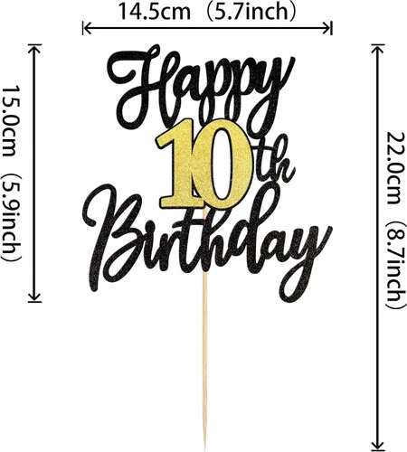 1 PCS Decoración para Pastel Feliz Cumpleaños Número 10 Negro Dorado con Purpurina Brindis por 10 Años Selección de Pastel de Cumpleaños 10 Fabuloso