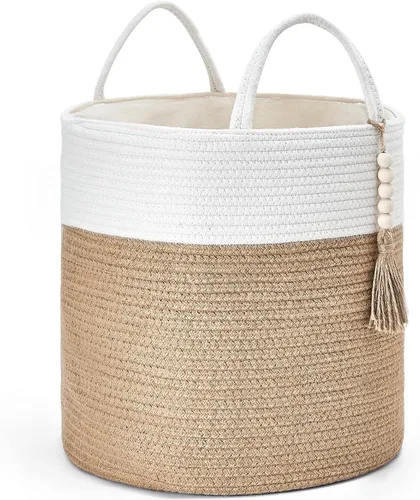Miniatura 9 de Mkono Cesta Alta de Mimbre para Ropa Sucia Cesta de Almacenamiento Tejida Cesta Decorativa de Cuerda Natural Decoración de Cuentas de Madera
