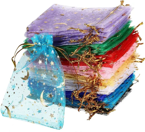Shappy 150 bolsas de organza con cordón, pequeñas estrellas y luna, bolsa de regalo de malla, bolsas de regalo de malla con estrellas doradas,