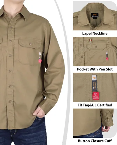 Miniatura 5 de KONRECO Camisas FR para hombre, resistentes al fuego, camisa de trabajo con botones, 100% algodón, 6.5 onzas, camisas de soldadura ligeras