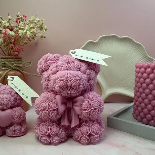 Miniatura 5 de Molde de vela Bowtie Rose Bear - Moldes de resina para hacer velas, moldes de silicona de resina epoxi para velas de bricolaje, jabón hecho a mano