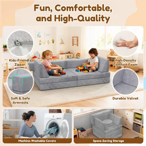 Miniatura 3 de Sofá para niños BIERUM, sofá modular para niños de 12 piezas con manta, sofá para niños para sala de juegos y interior, sofá convertible para niñas
