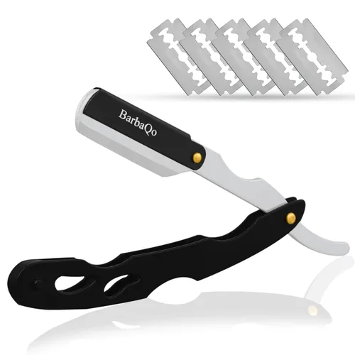 Maquinilla de afeitar recta para hombres, maquinilla de afeitar profesional BarbaQo con 10 cuchillas Sinlge, 100% acero inoxidable para afeitado