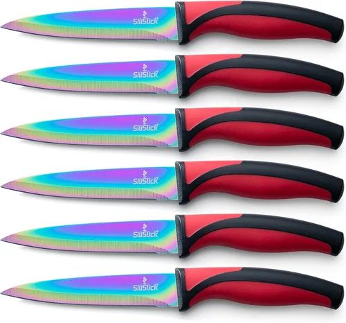 Miniatura 10 de SiliSlick Juego de cuchillos para carne de acero inoxidable, cuchillos de cocina coloridos con revestimiento de titanio con borde recto, suave