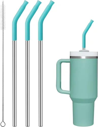 Miniatura 55 de Pajitas de metal rectas para vaso Stanley de 40 onzas, paquete de 3 popotes reutilizables de acero inoxidable con puntas de silicona y cepillo Gris