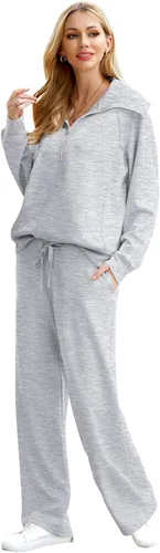 Miniatura 3 de XIEERDUO Conjuntos de descanso para mujer 2023 sudadera de gran tamaño con media cremallera y pantalón deportivo de pierna ancha de 2 piezas