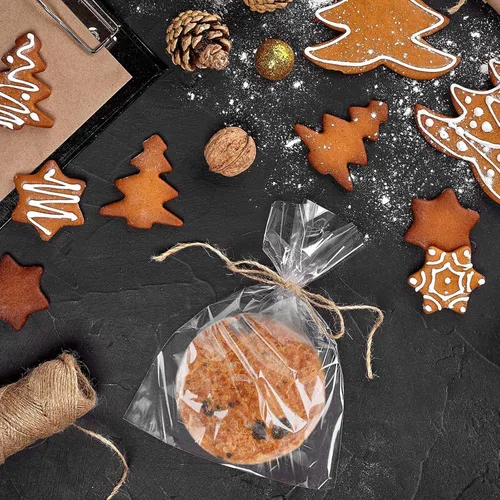 Miniatura 3 de MoloTAR 100 bolsas de celofán plano transparente de 10 x 6 pulgadas (1.4 mil.) buenas para panadería, galletas, dulces, postres con 5 lazos al azar