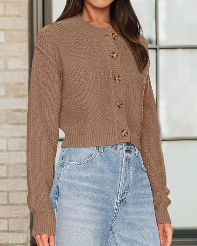 Miniatura 2 de PRETTYGARDEN Cárdigan corto con botones y frente abierto para mujer, lindo otoño, manga larga, abrigos de punto grueso 2023