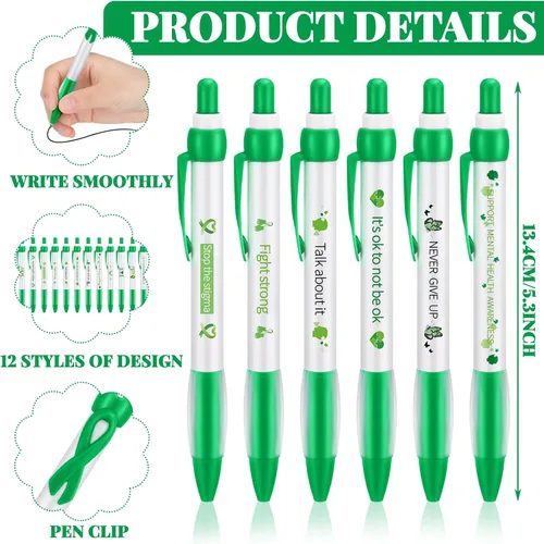 Miniatura 7 de Ctosree Bolígrafos de concientización sobre la salud mental, regalos a granel de 12 estilos de cinta verde, bolígrafos de gel retráctiles, tinta