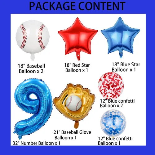 Miniatura 2 de Globos de béisbol de papel de aluminio para decoración de cumpleaños, globos con el número 9, globos de confeti de estrella roja y azul para Béisbol