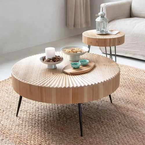 Miniatura 6 de Juego de mesa de centro estilo granja de 2 piezas, redonda con patrón radial de madera artesanal, juego de mesa de café moderna para sala de estar
