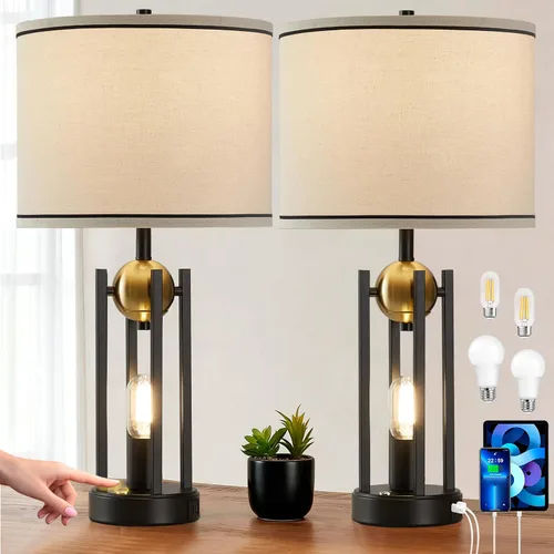 Miniatura 11 de Lámparas de mesa industriales de 25 pulgadas para sala de estar, 1 unidad con puertos USB C+A, lámpara de noche rústica de granja para dormitorio