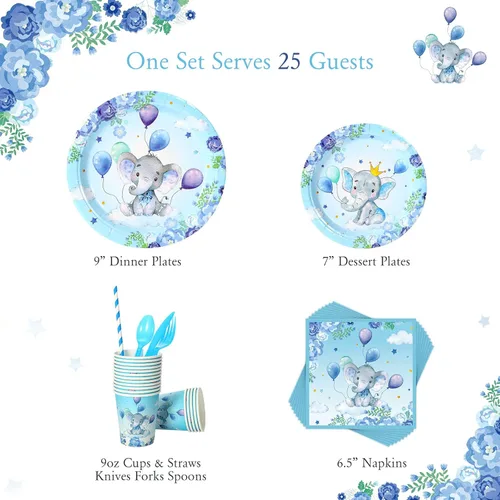 Miniatura 2 de Spakon Juego de 200 piezas de decoración de baby shower, platos de papel para fiesta de elefante, servilletas, tazas y vajilla, juego de vajilla Azul