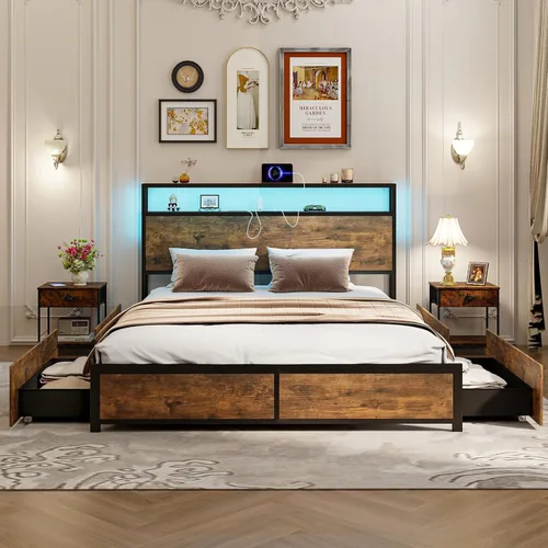 Giantex Base de cama Queen con cabecero de luces LED y 4 cajones de almacenamiento, plataforma de metal con enchufes y puertos USB, estación de