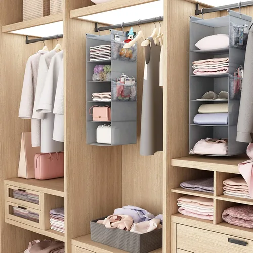 Miniatura 7 de MAX Houser Organizador colgante de armario con 5 estantes, ahorra espacio, estantes colgantes con (4) bolsillos laterales, plegable, gris claro
