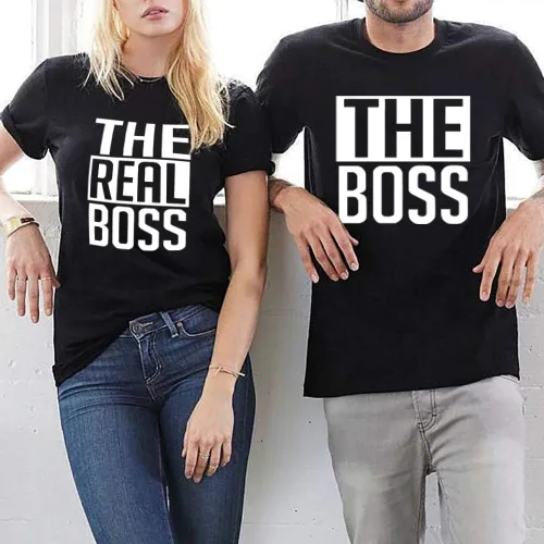 Miniatura 2 de Double Fashion - Camisetas a juego para parejas - His & Her - The Boss & The Real Boss -Letra Print - Manga corta - Camiseta