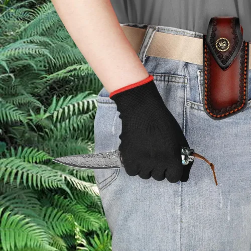 Miniatura 8 de Benkey - Navaja de bolsillo de acero de Damasco con funda de cuero con clip, cuchillo plegable con núcleo VG10 afilado, EDC con bloqueo