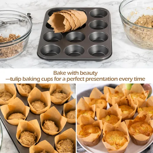 Miniatura 5 de Ruisita 150 Piezas Tazas Mini para Hornear Tazas de Tulipán para Cupcakes Forros para Magdalenas para Bodas, Cumpleaños, Baby Showers, Negro Tulip