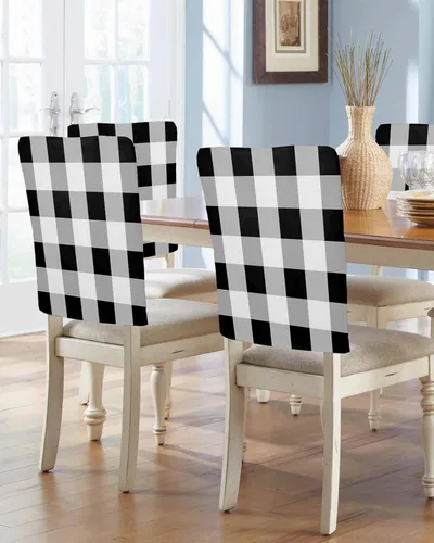 Miniatura 14 de Juego de 4 fundas para respaldo de silla a cuadros de color blanco crema, fundas extraíbles lavables para sillas de comedor, modernas, geométricas