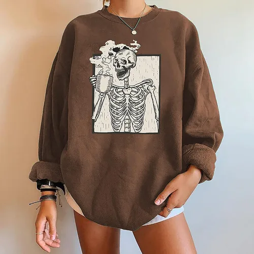 Miniatura 3 de Meladyan - Sudadera de forro polar con estampado de calavera de Halloween de gran tamaño, cuello redondo, manga larga, hombros caídos