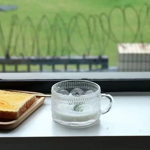 Miniatura 7 de Amzcku Tazas de té de café vintage, tazas de vidrio de 14 onzas, juego de 2 vasos en relieve con asa, para capuchino, café con leche, cereales