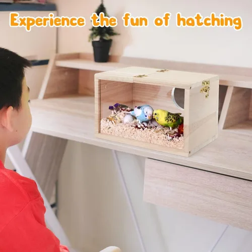 Miniatura 5 de Rypet Caja de Nido para Periquitos Diseño Transparente, Caja de Nido para Cría de Pájaros con Asiento de Madera para Periquitos, Cacatúas