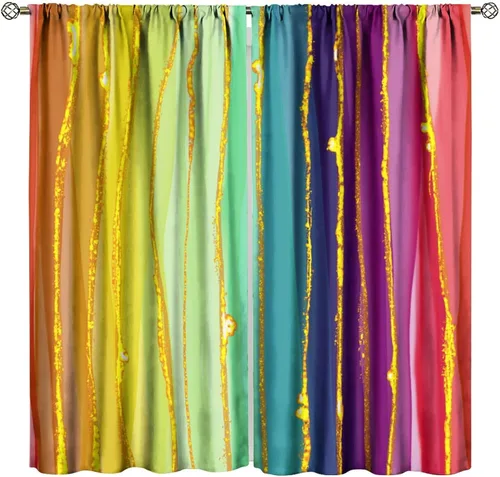 Miniatura 16 de Cortinas opacas abstractas de arco iris, pintura de color arcoíris con gotas, diseño gráfico creativo con bolsillo para barra, para sala de estar