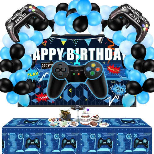 Skylety 34 Piezas Decoraciones de Cumpleaños de Jugador Suministros de Fiesta de Videojuegos Incluyendo Telón de Fondo de Feliz Cumpleaños de