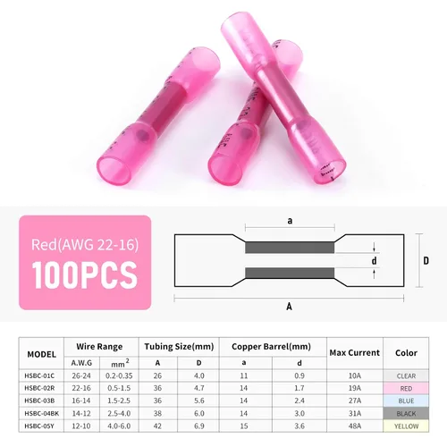 Miniatura 2 de Conectores de empalme termorretráctiles, 200 piezas 22-16 AWG rojos aislados impermeables, conectores de cable eléctrico automotriz grado marino