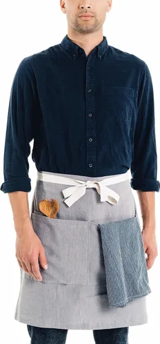 Miniatura 4 de Caldo Linen Bistro Cafe - Delantal de grado profesional con bolsillos, medio delantal de cocina, longitud media de 23 x 23 pulgadas, lazos