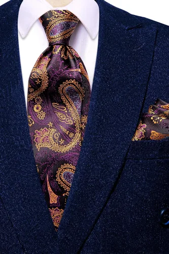 Miniatura 69 de Hi-Tie Corbatas de seda para hombre, diseño de cachemira a rayas, con bolsillo, gemelos cuadrados, conjunto formal de negocios