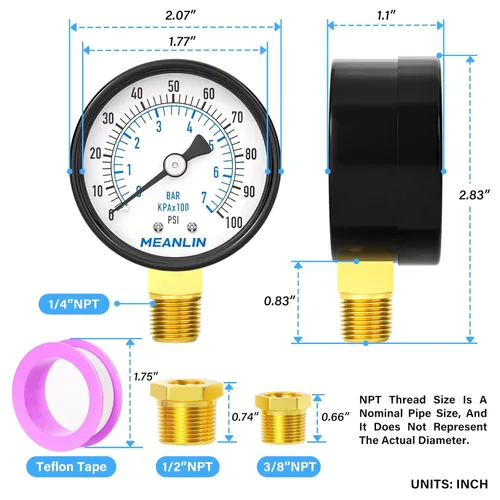 Miniatura 2 de MEANLIN MEASURE Manómetro de presión de bomba de pozo de 0-100 Psi, cara de dial de 2", NPT de 1/4", con buje hexagonal de 1/2" NPT y 3/8" NPT