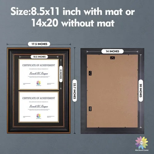 Miniatura 3 de Marco de certificado de 14 x 20 pulgadas con capacidad para 2 marcos de diploma de 8.5 x 11, vidrio real, oro/negro
