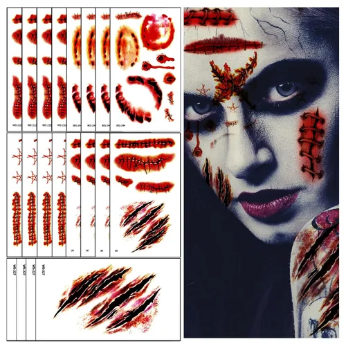 Miniatura 11 de Kit de maquillaje de tatuajes faciales del Día de los Muertos, paquete de 10 tatuajes temporales para Halloween, calavera de azúcar, rosas rojas