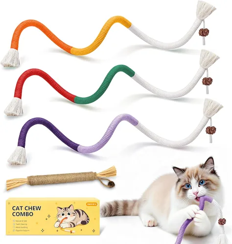 Juguetes para gatos de interior, cuerdas para masticar 3 piezas y palo de vid plateada, 1 pieza con fruta de la agalla, hierba gatera recargable,
