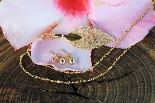 Miniatura 39 de Joyas de hoja de oro rosa y plata para mujer. Pendientes de hoja natural y collares circulares colgantes. Elegantes conjuntos de joyas colgantes.