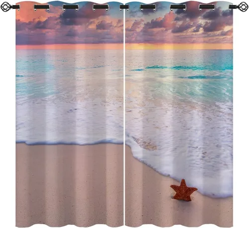 Miniatura 10 de Cortinas opacas de arena para niñas y niños, decoración del hogar, vacaciones, playa, agua azul, puesta de sol, nubes, ojales, aislamiento térmico