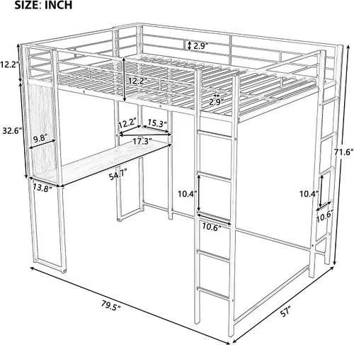Miniatura 2 de Merax Cama alta de metal de tamaño matrimonial que ahorra espacio con 2 estantes y 1 escritorio, dos escaleras integradas y barandillas, no necesita