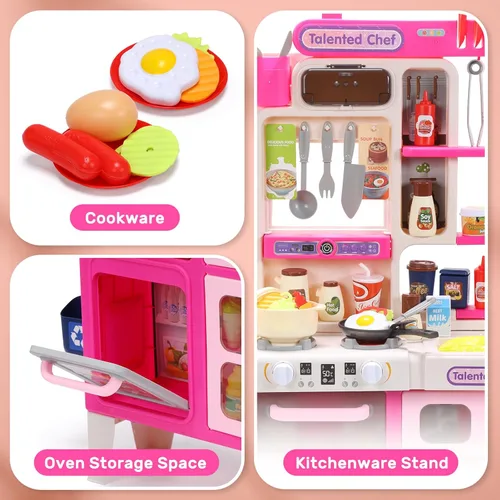 Miniatura 4 de CUTE STONE Juego de cocina para niños, juego de cocina con sonido y luz, estufa de cocina con vapor, fregadero de juguete, juguete de comida y Rosa