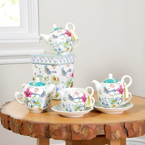 Miniatura 4 de Juego de té de porcelana de hueso Lightahead para una persona en diseño de pájaro azul, en atractiva caja de regalo reutilizable hecha a mano