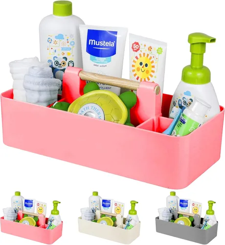 Miniatura 9 de Organizador de plástico para baby shower, organizador portátil de almacenamiento para niños/niños, cesta dividida con mango de madera para baño
